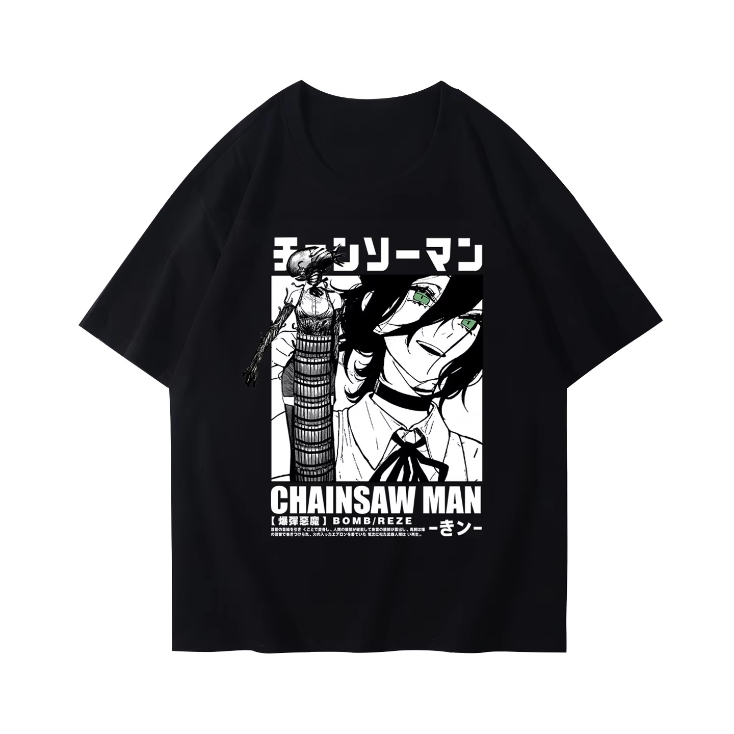 Anime Merchandise T-Shirts - เสื้อยืดแฟชั่นลาย Chainsaw Man สำหรับฤดูใบไม้ร่วงและฤดูหนาว สไตล์อนิเมะญี่ปุ่น สีดำ