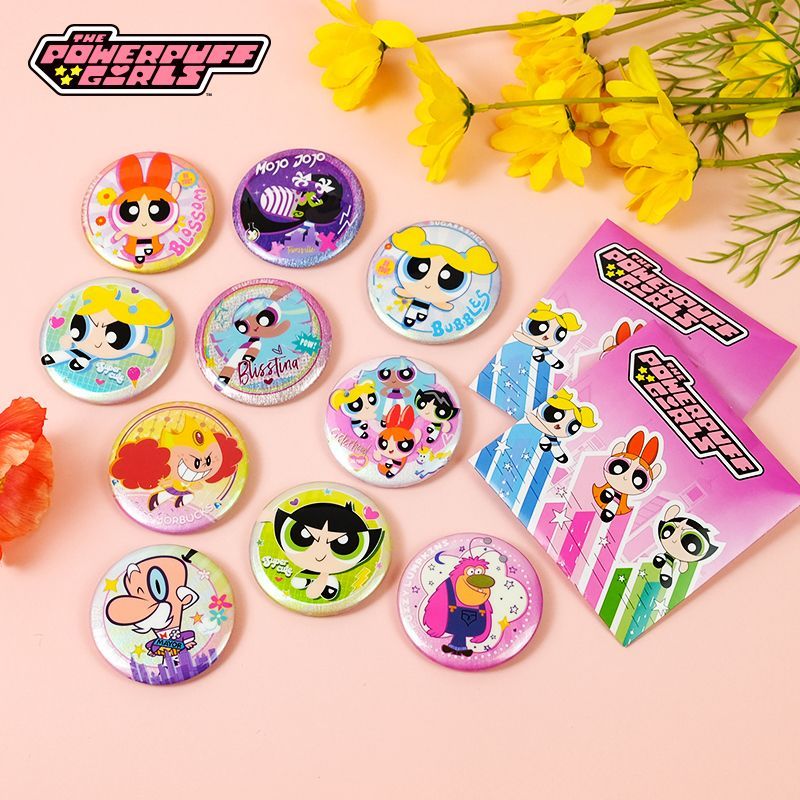 Anime Merchandise Box - กล่องสินค้าพาวเวอร์พัฟเกิร์ลของแท้แบบครบชุด กล่องสุ่มเข็มกลัดโลหะแบบมีกลิตเตอร์วิบวับ ของสะสม 1 ชิ้นแบบสุ่ม